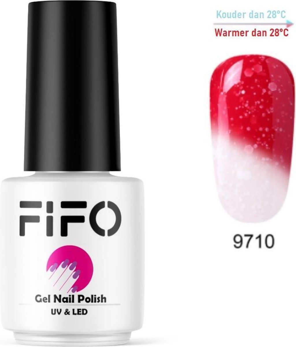 FIFO Nails, Thermo Gel Polish - Glitter - Kristal - Thermo Gellak - Temperatuurgevoelige nagellak - Thermische nagellak - Temperatuur veranderende - Kleur veranderende #9710 ( Rood – Wit) (Glitter) - UV & LED