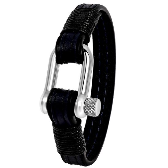 Lucardi Heren Armband zwart/blauw leer harpsluiting mat - Leer - Armband - Cadeau - 19 cm - Blauw