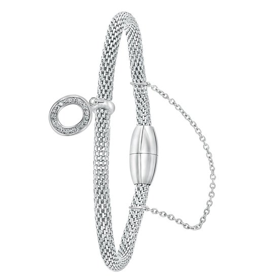 Lucardi Dames Armband mesh letter O met kristal - Staal - Armband - Cadeau - Moederdag - 19 cm - Zilverkleurig