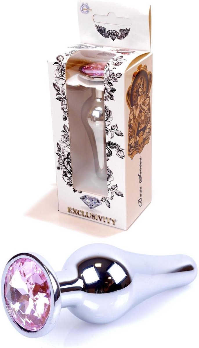 Bossoftoys -Silver Big Butt Plug - Anal Plug With Pink Stone - Length 9 Cm - Dia 2,9 Cm - 64-00072 - gave Cadeaubox