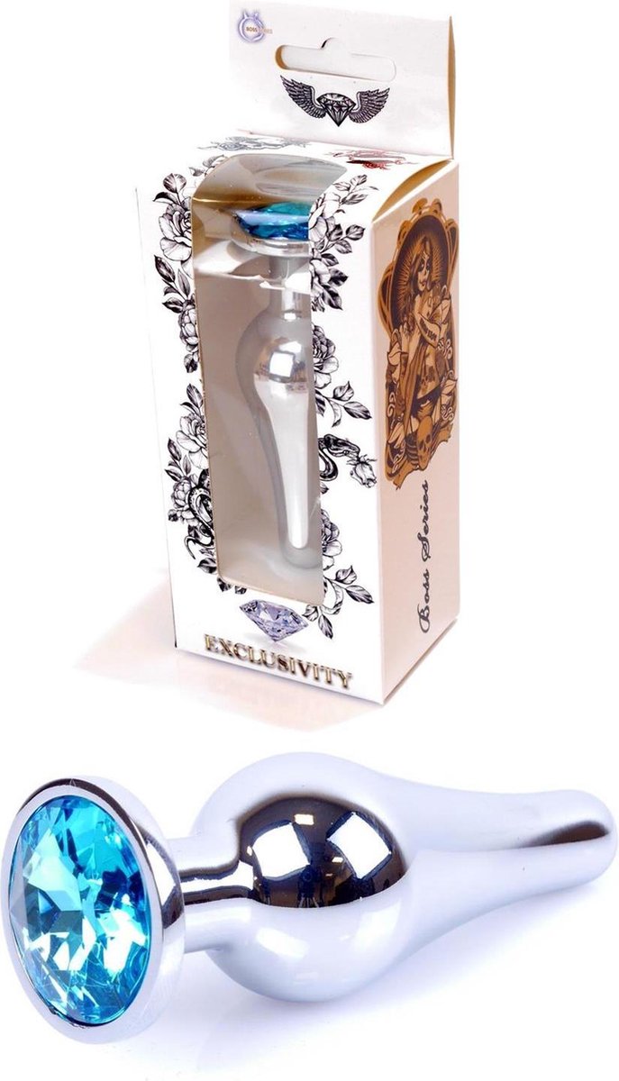 Goedkoopste Bossoftoys -Silver Big Butt Plug - Anal Plug With Light Blue Stone - Length 9 Cm - Dia 2,9 Cm - 64-00076 - gave Cadeaubox