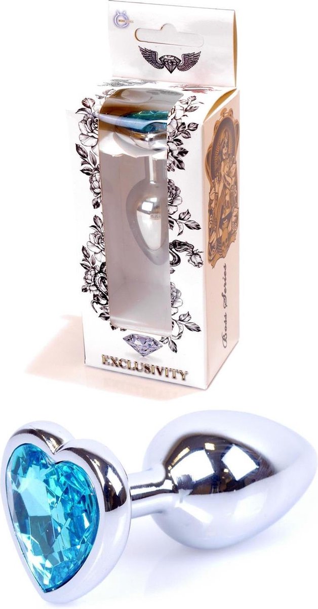 Goedkoopste Bossoftoys - Heart Design Silver Plug - Silver - Anal - Heart - Light Blue Stone - Length 7 Cm - Dia 2,7 Cm - 64-00049 - gave Cadeaubox