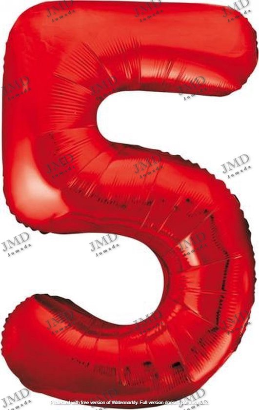 Folie ballon XL 100cm met opblaasrietje - cijfer 5  rood - 5 jaar folieballon - 1 meter groot met rietje - Mixen met andere cijfers en/of kleuren binnen het Jumada merk mogelijk