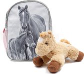 Paarden Peuter Rugzak - 28 cm - Zwart/Wit foto - Rugtas Kinderen paarden - incl. Pluche Paardenknuffel - Lichtbruin paard - 20cm- speelgoed