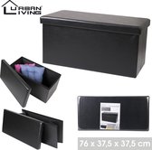 Urban Living Hocker bankje - poef dubbel zits - opbergbox - zwart - lederlook - 76 x 38 x 38 cm - opvouwbaar