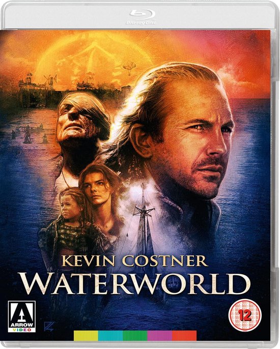 Kevin Costner in Waterworld, met op de achtergrond een dystopische waterwereld met zeilboten en luchtschepen.