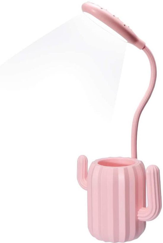 Bureaulamp led dimbaar roze cactus, bedlampje met USB oplaadbaar dimbare leeslamp met 3 helderheid niveaus, met touch-schakelaar en penhouder