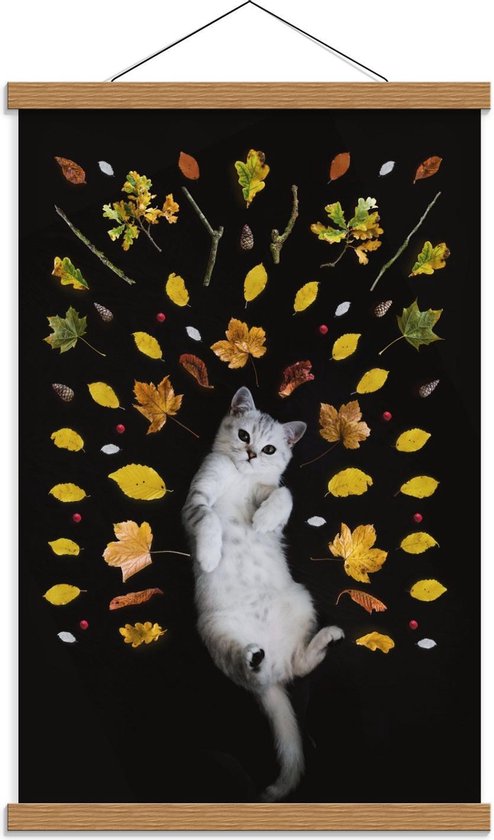 Schoolplaat – Witte Kitten met Herfstbladeren - 40x60cm Foto op Textielposter (Wanddecoratie op Schoolplaat)