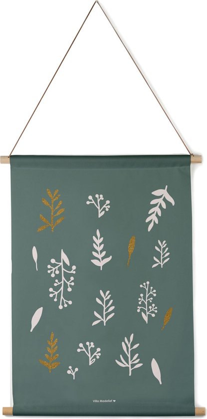 Villa Madelief Interieurbanner Leaves groen - Textielposter - 30x40cm - Wandkleed - Wandtapijt - Wanddecoratie voor thuis - Makkelijk op te hangen - Poster met houten hangers