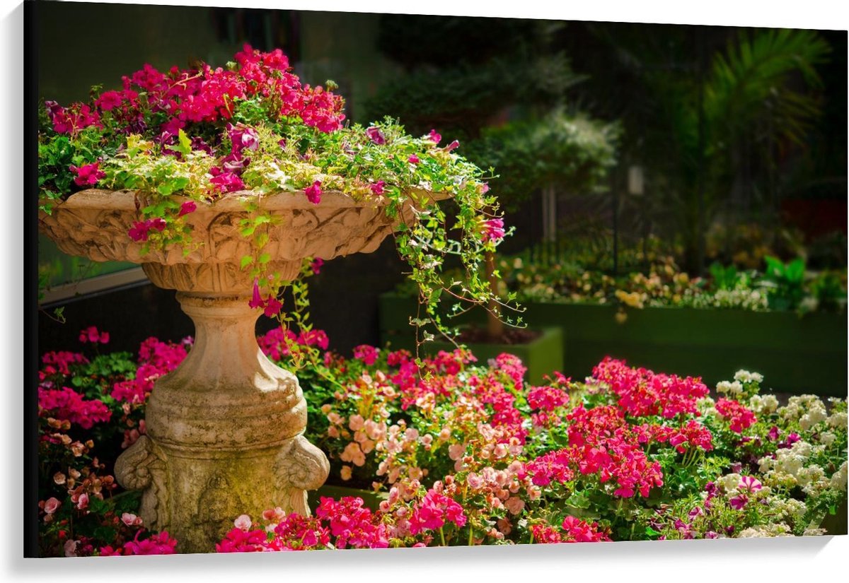 Canvas - Roze Bloemenstruik met Fontein - 120x80cm Foto op Canvas Schilderij (Wanddecorati