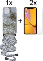 iPhone 12 hoesje met koord case marmer wit groen - 2x iPhone 12 Screenprotector