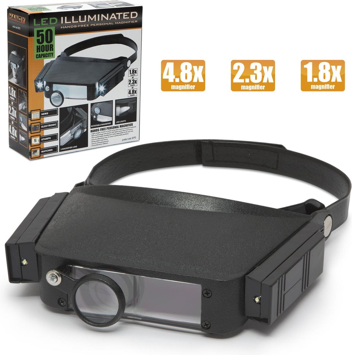 Hoofdband Vergrootglas Met LED Verlichting – Handsfree Loep Met Instelbare Vergroting 1,8x / 2,3x / 4,8x – Ideaal Voor Precisiewerk, Elektronica, Solderen, Modelbouw, Hobby’s En Fijn Montagewerk [10793]
