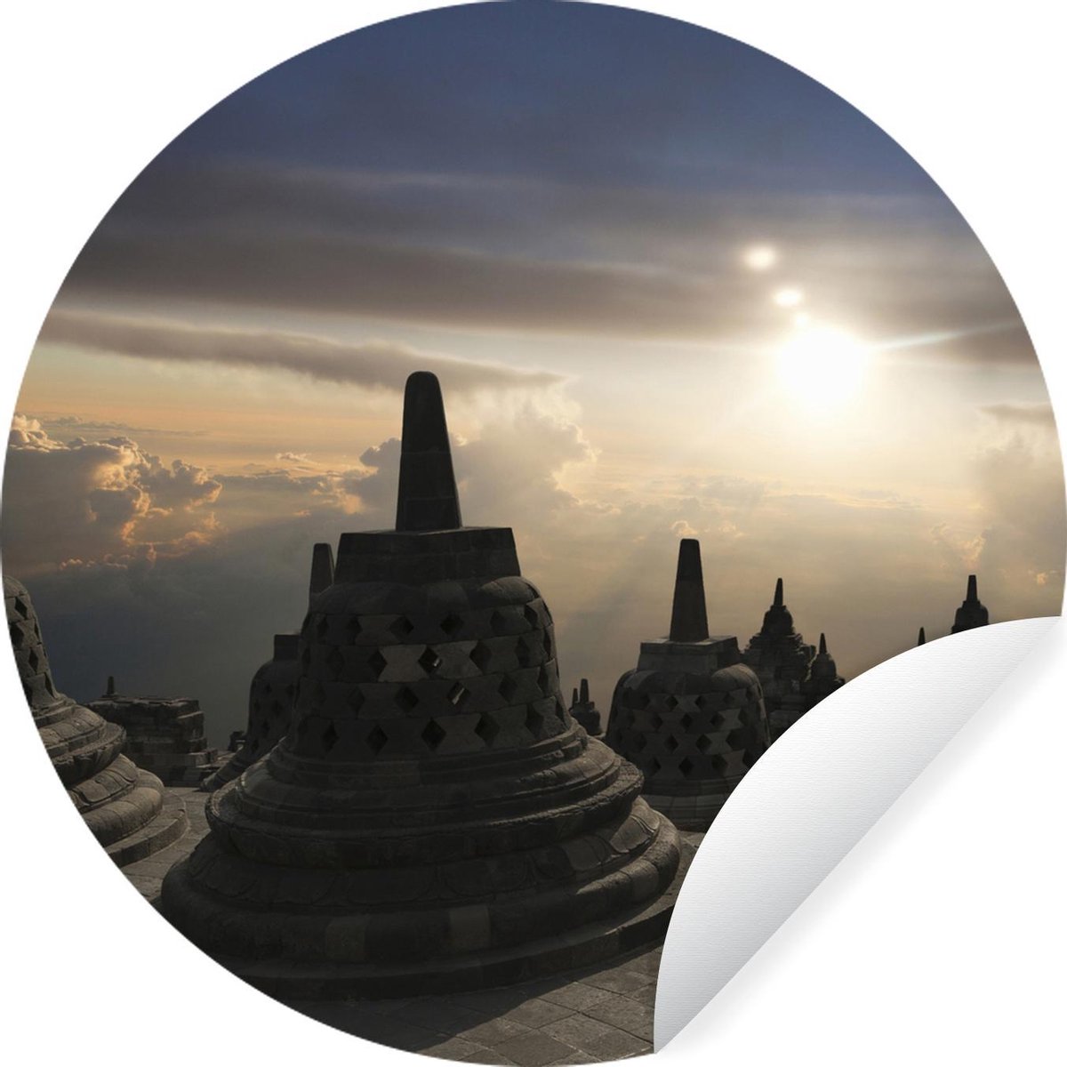 Borobudur bij zonsondergang in Indonesië - ⌀ 120 cm - rond schilderij - behangcirkel - muurcirkel - wooncirkel - zelfklevend & rond uitgesneden