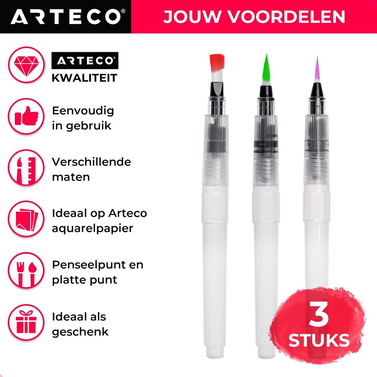 ARTECO® Set 3 Stuks Waterbrush Pennen (2 Punt + 1 Plat) - Navulbaar Penseel – Brushlettering & Kalligrafie — afbeelding 5