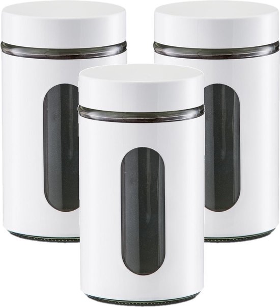 3x Witte voorraadblikken/potten met venster 900 ml - Keukenbenodigdheden - Bewaarpotten/voorraadpotten - Voedsel bewaren