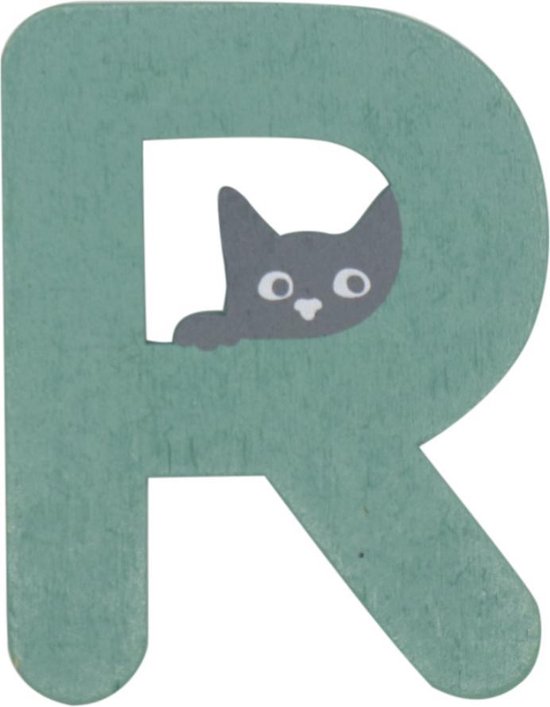 Houten Letter R Groen met Kat | 9 cm