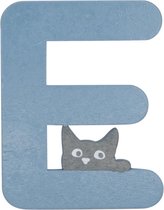 Lettre en bois E Blauw avec chat | 9 cm