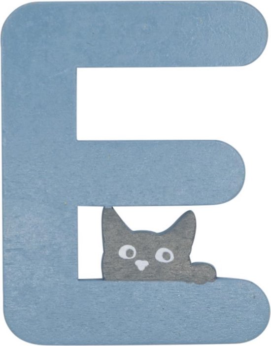 Houten Letter E Blauw met Kat | 9 cm