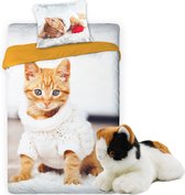 Dekbedovertrek Kitten - eenpersoons dekbed 140x200 - Poes met trui - incl. Katten pluche knuffel - speelgoed 22cm