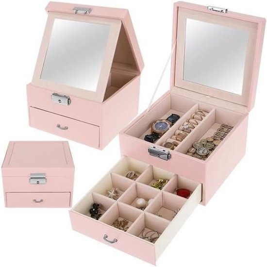 Sieradendoos - Juwelen doos voor sieraden organizer (ring, ketting, oorbellen, horloge) – Dames bijouterie doos -Roze - Met Grote Spiegel