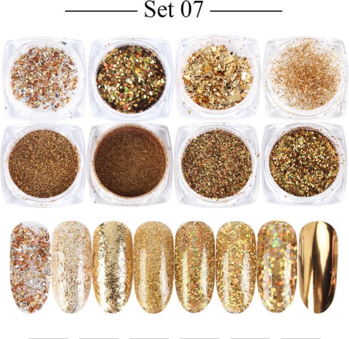 Goedkoopste Glitter Poeder Nail Art Set - 8 Stuks - Goud / Chroom / Brons - Nagel Decoratie Strass