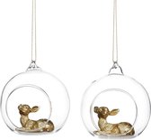Viv! Home Luxuries Kerstornament - Hertje in glazen open bal - set van 2 - goud - 9 cm