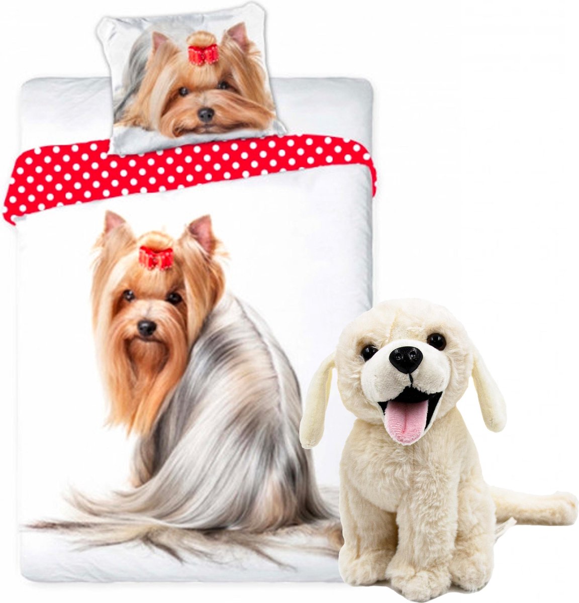 Honden dekbedovertrek set 140 x 200 cm, incl. super zachte witte Labrador knuffel 20 cm , kinderen slaapkamer eenpersoons dekbedovertrek