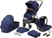 BabyGO Halime - Combi Kinderwagen - Zwart frame - Blauw (incl. autostoel)
