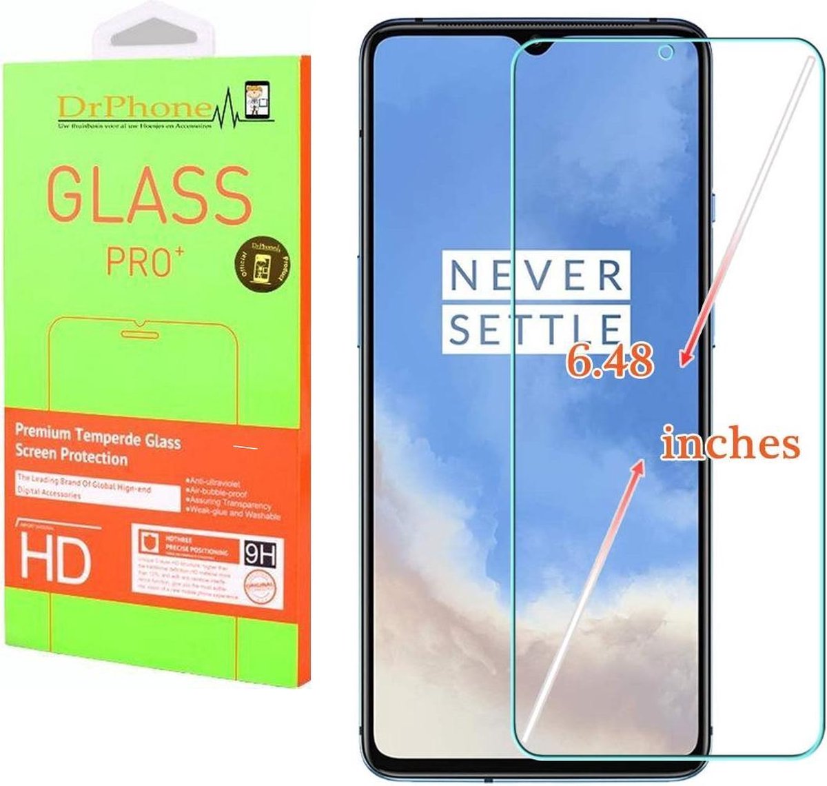 DrPhone Oneplus 7T Glas - Glazen Screen protector - Tempered Glass 2.5D 9H (0.26mm)