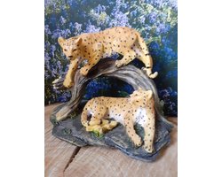 Geharo - Beeld - Panter - 2 panters - Boomstronk - 13x16x10 cm
