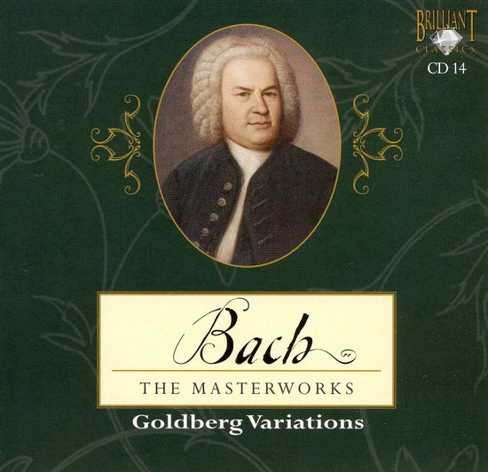 CD hoes met portret van J.S. Bach, titel 'Bach: The Masterworks - Goldberg Variations'.