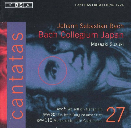 Albumcover 'Cantatas from Leipzig 1724' met een portret, tekst 'Johann Sebastian Bach Bach Collegium Japan Masaaki Suzuki' en nummer 27.