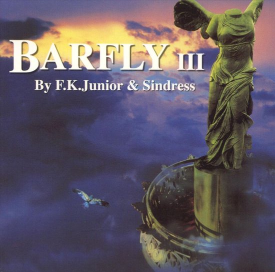 Boekcover met de titel "BARFLY III" door F.K.Junior & Sindress, met een beeld van een gevleugelde vrouw op een sokkel in een dramatische lucht.