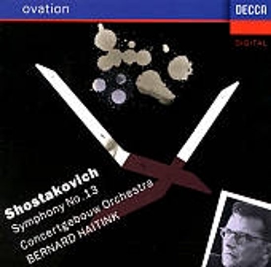Albumhoes met abstracte rode en witte verfspatten op een zwart vlak, met tekst voor Shostakovich Symphony No. 13.