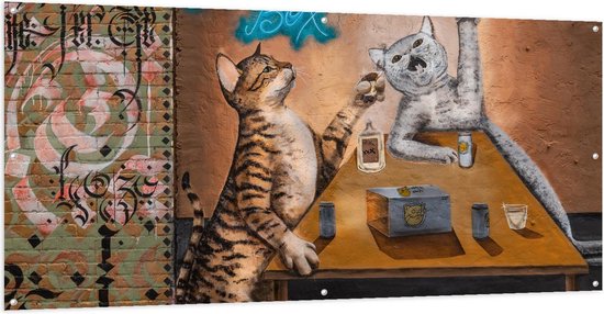 Tuinposter – Muurschildering Katten in Cafe - 200x100cm Foto op Tuinposter  (wanddecoratie voor buiten en binnen)