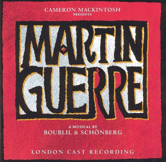 Albumhoes voor "Martin Guerre - London Cast Recording" met de titel in witte letters met gele rand op een rode achtergrond.