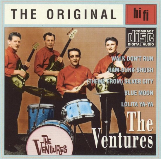 De groep The Ventures in nette overhemden, met instrumenten. Titel: THE ORIGINAL hifi COMPACT disc DIGITAL AUDIO.