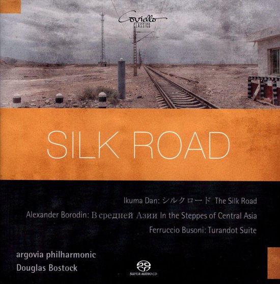 Albumhoes 'Silk Road' met een spoorlijn, Coviello Classics, argovia philharmonic, Douglas Bostock.