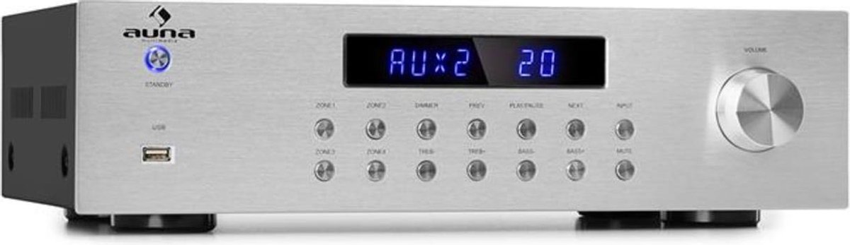 Auna AV2-CD850BT Hifi versterker met bluetooth - 4-zone stereo versterker - 5x 80W RMS - 3 AUX-ingangen, USB-poort en FM tuner - Zilver - Auna