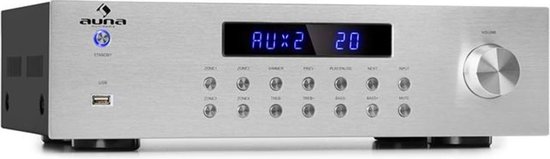 Auna AV2-CD850BT Hifi versterker met bluetooth - 4-zone stereo versterker - 5x 80W RMS - 3 AUX-ingangen, USB-poort en FM tuner - Zilver