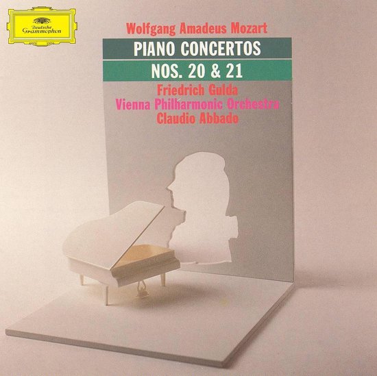 Albumcover met titel Wolfgang Amadeus Mozart Piano Concertos Nos. 20 & 21, Friedrich Gulda, Vienna Philharmonic Orchestra, Claudio Abbado. Deutsche Grammophon logo.