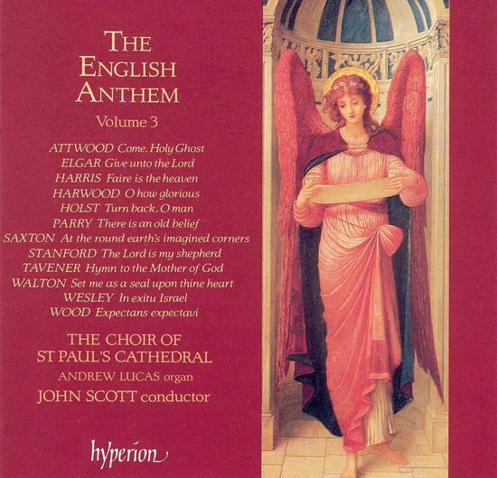 Een engel met roze gewaad en rode vleugels houdt een perkament vast. Titel: The English Anthem Volume 3.