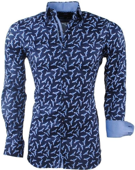 Montazinni - Heren Overhemd - Stretch - Vogels - Navy | bol.com