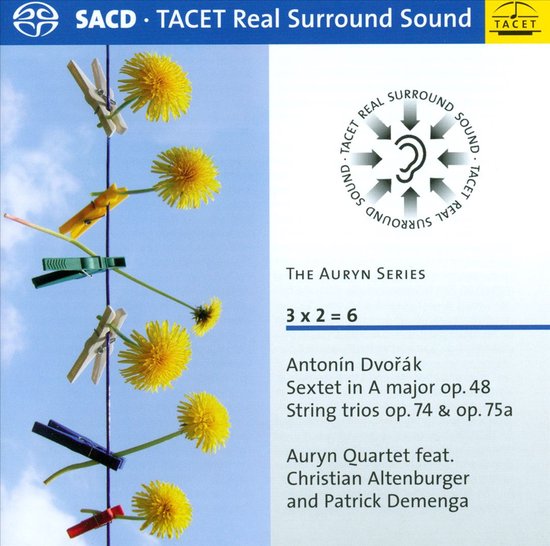 SACD van Dvořák: Sextet Op.48, String Trios door het Auryn Quartet. Dandelions hangen aan een waslijn.