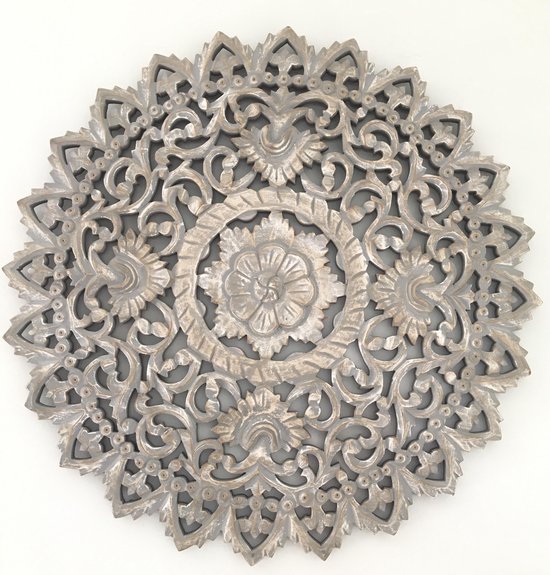 Flowee Mandala - Muurdecoratie Hout - Greywash - 90 cm - Wandpaneel |
