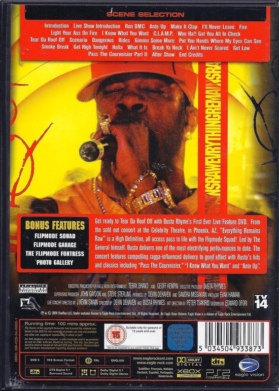 Busta Rhymes met sigaar, cap, gouden kettingen, live op podium. Tracklist en bonus features vermeld.