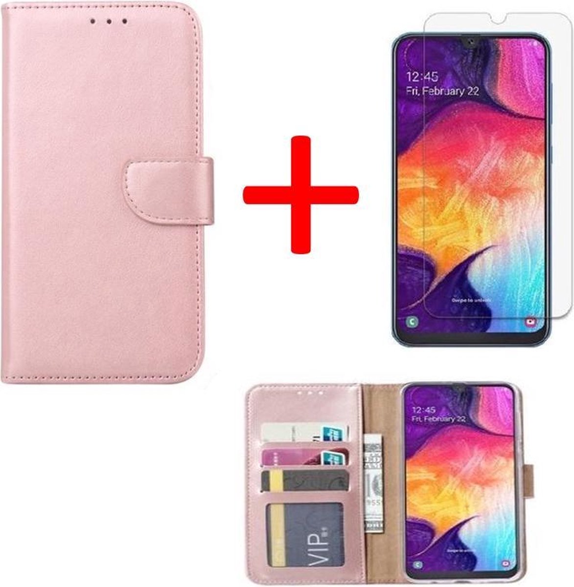 BixB Samsung Galaxy A10 hoesje - bookcase Rose Gold + tempered glas screenprotector