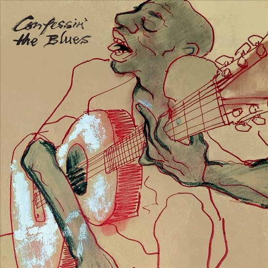Illustratie van een man die gitaar speelt met de tekst "Confessin' the Blues".