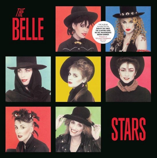 Albumcover 'The Belle Stars' met collage van negen foto's van de bandleden met hoeden en make-up. Tekst: THE BELLE STARS.