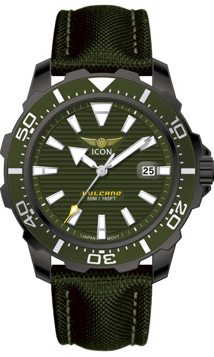 Quartz horloge - ICON Vulcano - Echt lederen band - waterdicht - 44mm - Groen